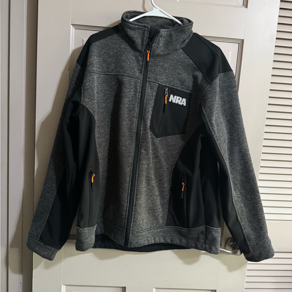 NRA Jacket Mens Medium Gray Black Full Zip Outdoor Softshell Fleece Pockets